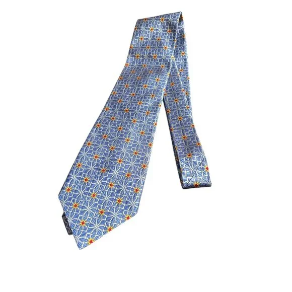 Hickey Freeman Blue Silk Tie With Geometric Yellow & Red Pattern Made In USA - Picture 2 of 7